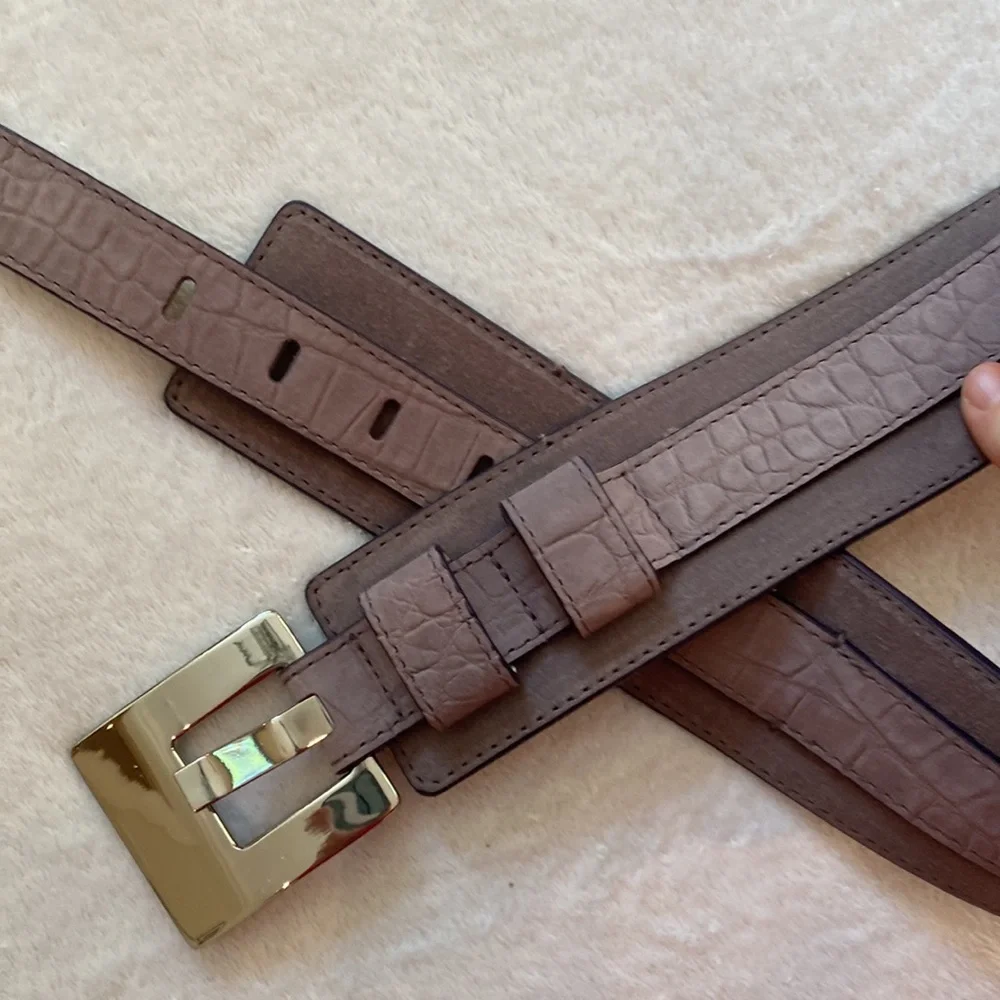 Wide gray suede Cole Haan statement belt w/big silver buckle Sz M NWOT